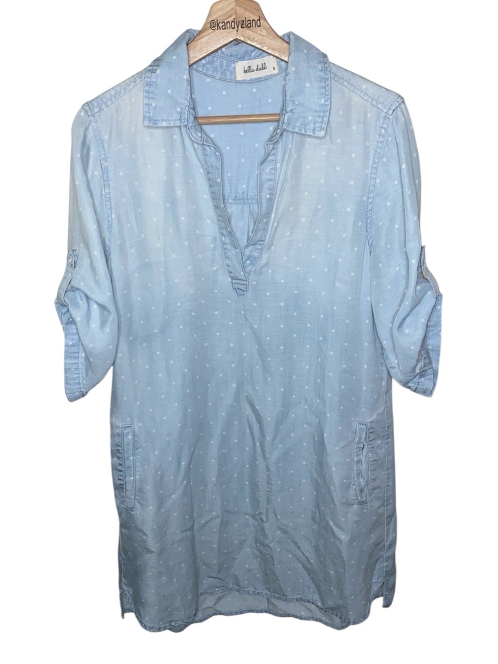 BELLA DAHL Polka Dot Chambray Shirt Dress with Pockets